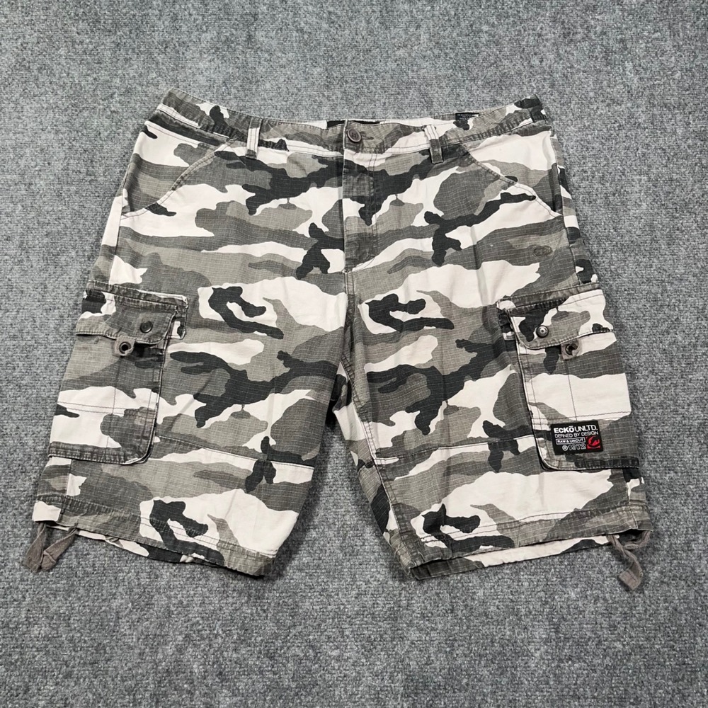 Ecko Unltd Mens 38 Grey Camo Cargo Shorts Ripstop Streetwear Baggy Gorp Loose